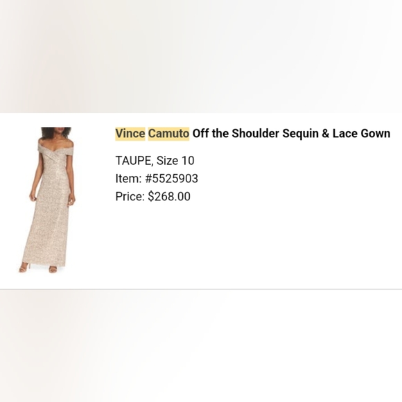 Vince Camuto Off the Shoulder Sequin & Lace Gown, Worn Only Once - 10 - Picture 7 of 7